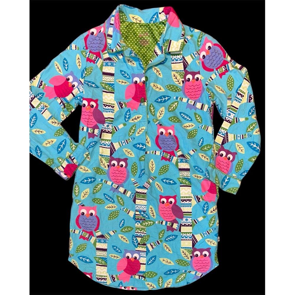 Nick & Nora Blue‎ Green Purple Owls Flannel Nightgown Sleep Shirt Size Small